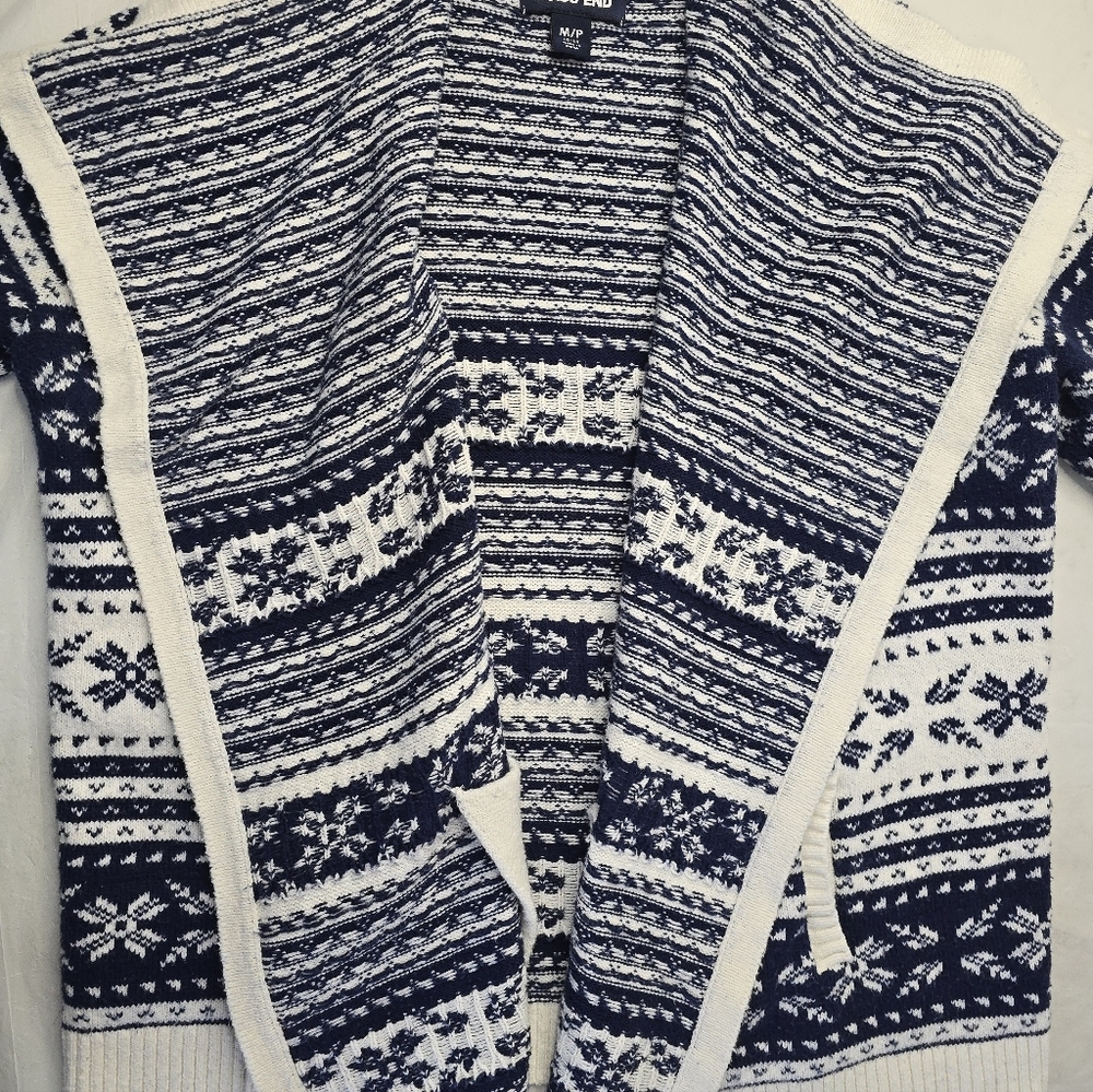 Lands' End Fair Isle Sweater Open Cardigan Navy Ivory Nordic Print Cabincore M - Picture 7 of 13